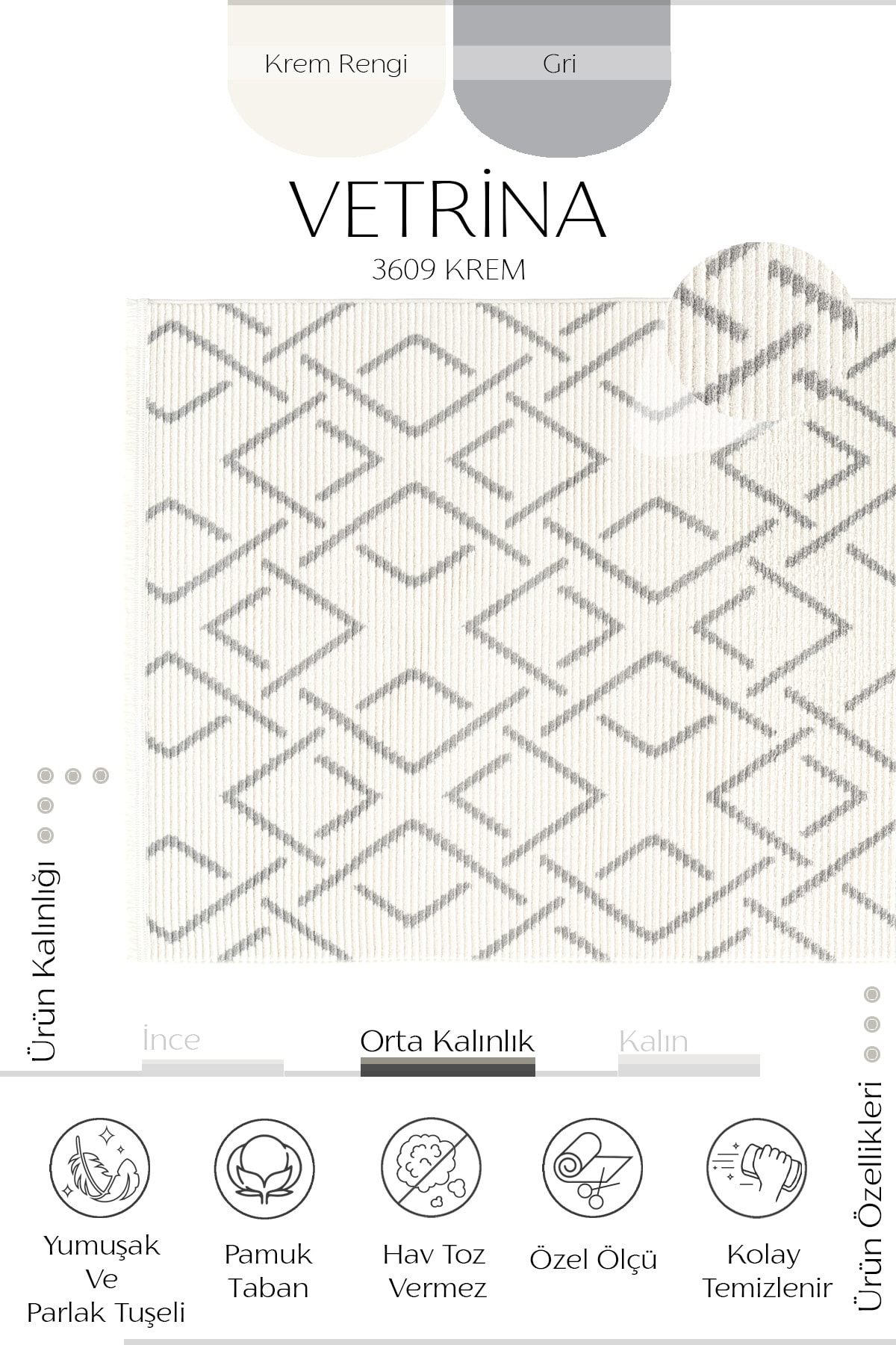 Cool Halı  Vetrina 3609 Krem Yumuşak Dokulu Halı Kilim Salon Mutfak Koridor Kesme Yolluk Dokuma Makine Halısı TYBGVTRNA 