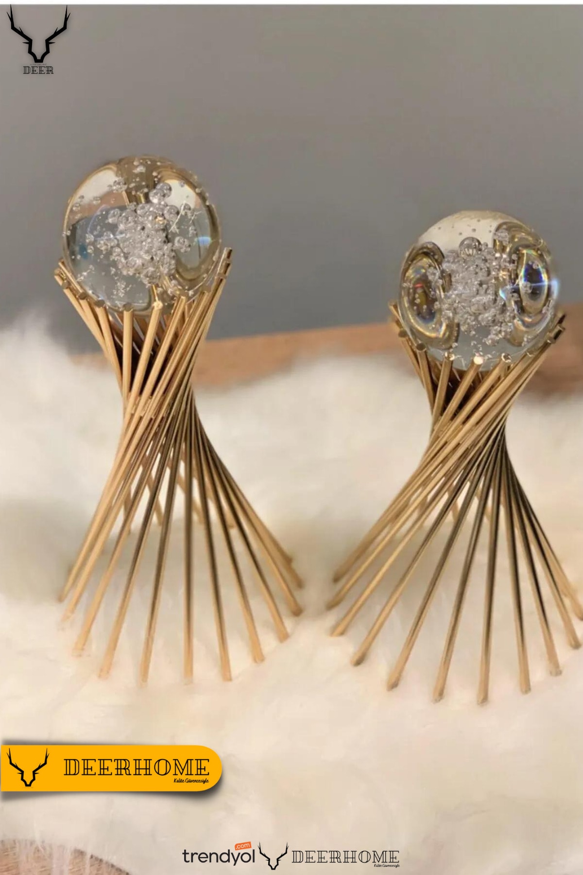KIRAT HOME DESIGN  Dekoratif 2'li Altın Burmalı Çapraz Ayaklı Küre KI01015 